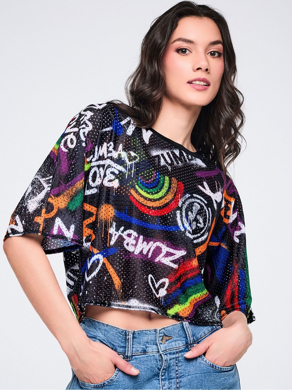 Zumba Pride Mesh Boxy Crop Top Black Cropped Mesh Top with Rainbow Graffiti